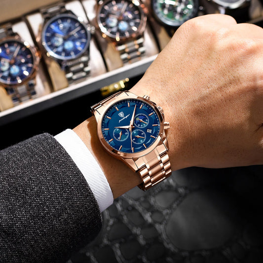 POEDAGAR luxury men’s wristwatch, military style, water-resistant, luminous, chronograph, stainless steel, quartz, with box.
