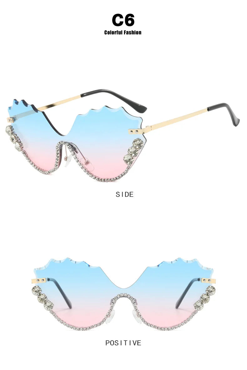Fashion Luxury Brand Design Diamond Wave Rimless Women Sunglasses Hip Hop Eyewear Outdoor Glasses Unisex Shades Glasses UV400