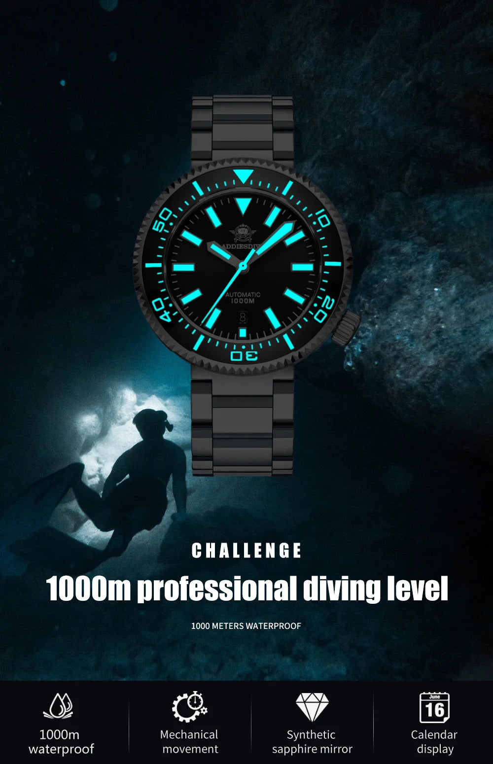 ADDIESDIVE Men's Luxury Watch 1000m diver's watch Waterproof luminous Sapphire Glass reloj hombre Automatic Mechanical Watches