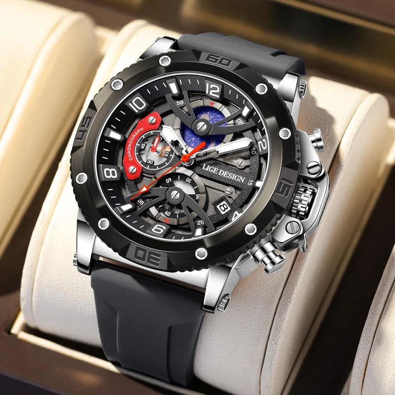 Montre pour homme LIGE Sports – Chronographe de luxe, bracelet en silicone, petits cadrans fonctionnels, mouvement à quartz, étanche et luminescente
