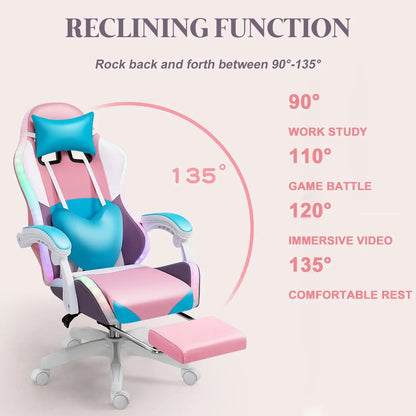 RGB LED Gaming Chair for Adults, Ergonomic Video Game Chair with Speakers, Lumbar Support Office Chair Reclining Computer Chair