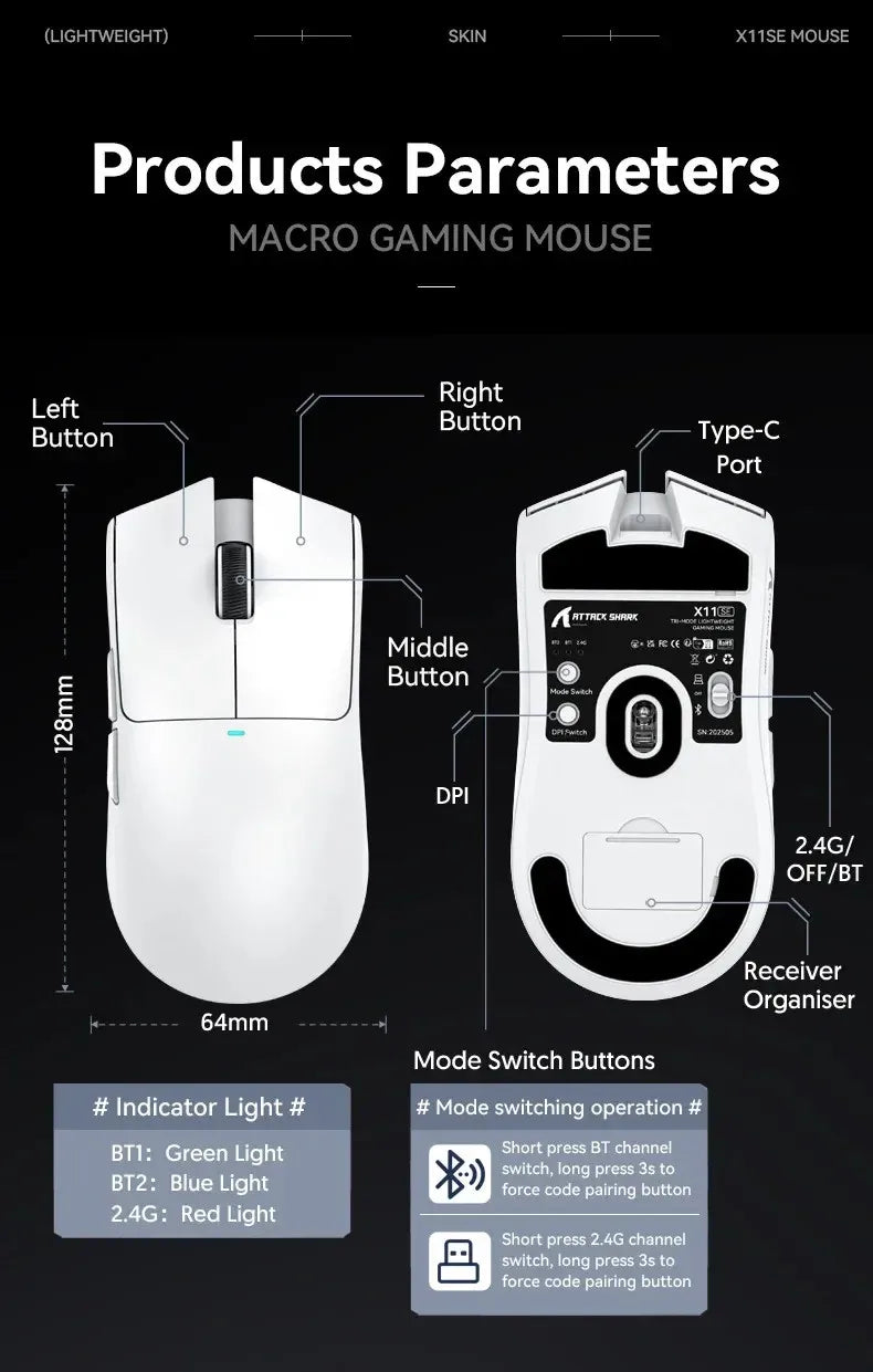 ATTACK SHARK X11SE ultraleichte kabellose Gaming-Maus, 20Millionen Klicks Lebensdauer, PAW3311 Gaming, 22KDPI, 400IPS, 40G, 1KHz, 65 Stunden, 30mAH