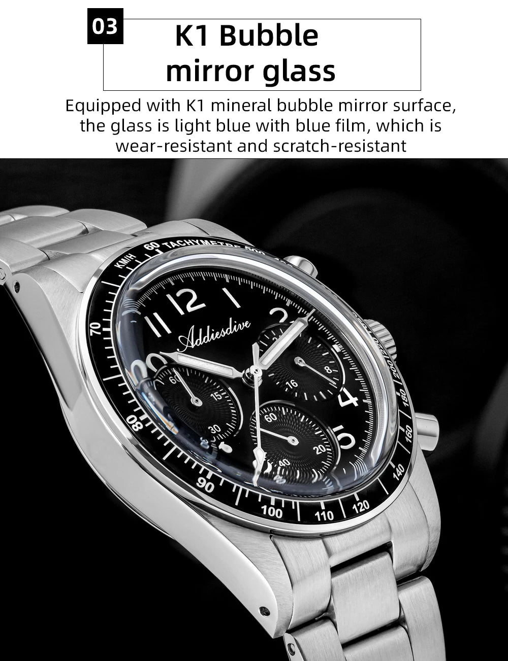 ADDIESDVIE Men Watch Reloj Hombre 10Bar Waterproof AD2517 BGW9 Super Luminous 316L Stainless Steel VK63 Chronograph Quartz Watch