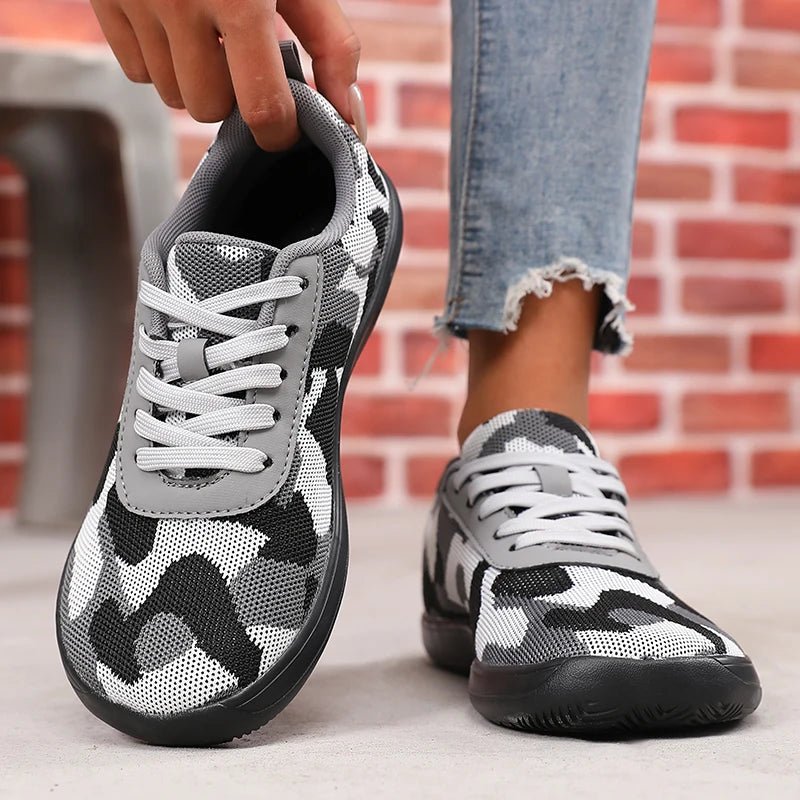 Camouflage-damesko med bred tå, åndbart mesh, komfortable barfodssko med flad sål, nye bløde såler, Chaussure De herresneakers