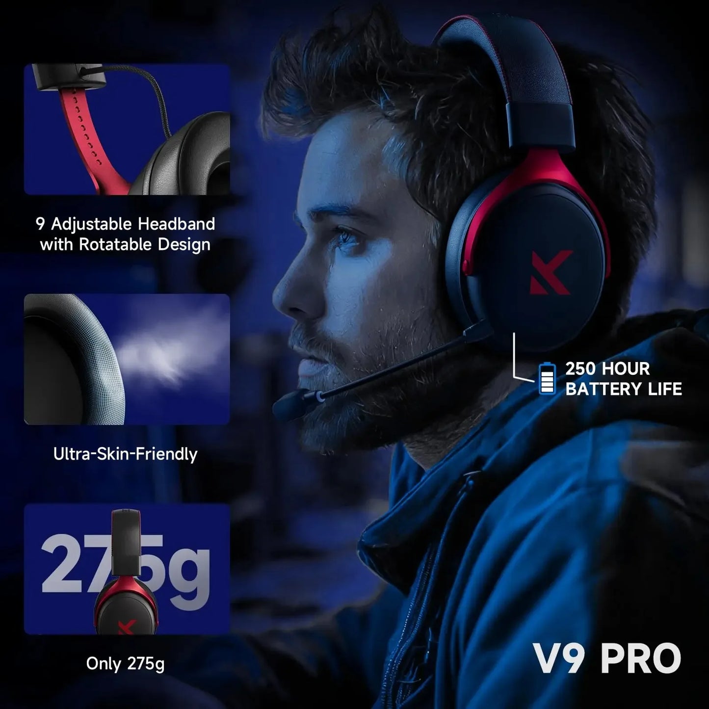 MCHOSE V9 Pro Wireless Gaming Headset 7.1 Surround Sound, Bluetooth 5.3 Headphones with Noise Cancelling Mic, Low Latency PC Gaming Headset
