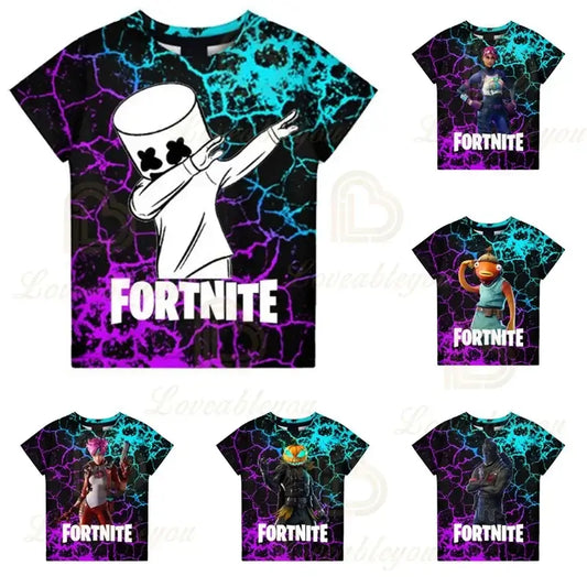 T-shirt Fortnite per bambini, top estivo, abbigliamento per bambini, grafica 3D divertente Battle Royale, maglietta da gioco per bimbi e bambine