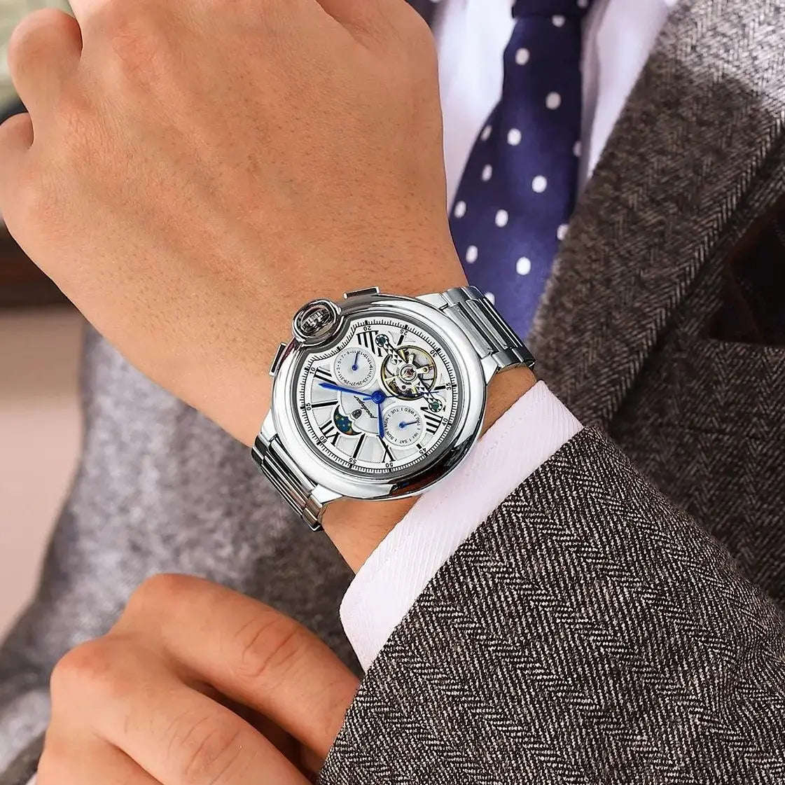 POEDAGAR herenhorloge, luxe en professionele stijl, met datum- en dagweergave, tourbillon, roestvrijstalen kast, automatisch mechanisch uurwerk en waterdicht.