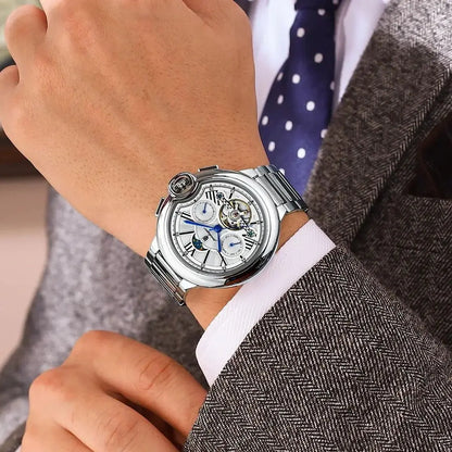 POEDAGAR herenhorloge, luxe en professionele stijl, met datum- en dagweergave, tourbillon, roestvrijstalen kast, automatisch mechanisch uurwerk en waterdicht.