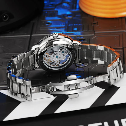 Skelethorloge voor heren, modieuze stijl, versierd met edelstenen in de kleuren van de regenboog, voorzien van een tourbillon; luxe mechanisch automatisch horloge, waterdicht tot 30 meter.
