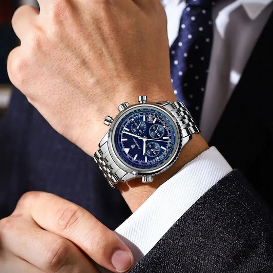 POEDAGAR Men’s Military-Style Water-Resistant Luminous Date Chronograph Luxury Stainless Steel Men’s Watch Quartz Men’s Watch