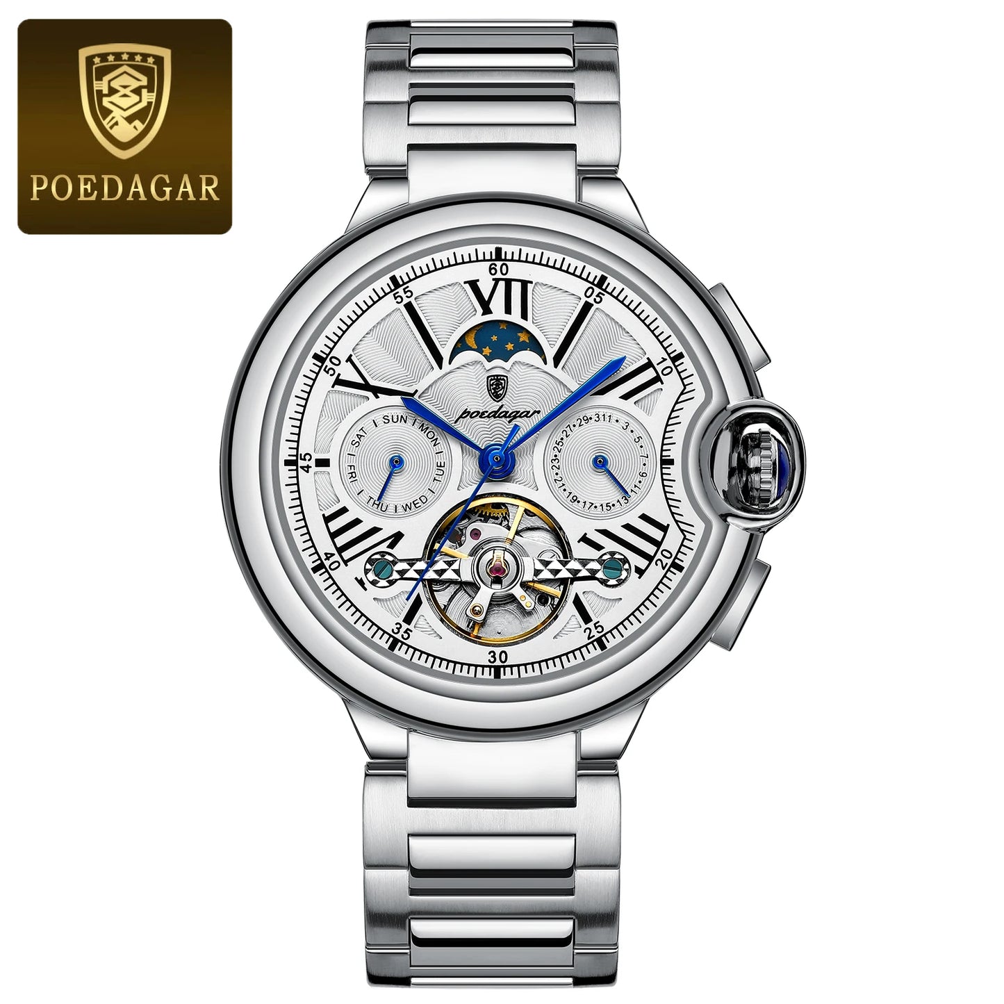 POEDAGAR Luxury Male Watch Tourbillon Date Week Stainless Steel Men Watch Waterproof Automatic Mechanical Military Men's Watches