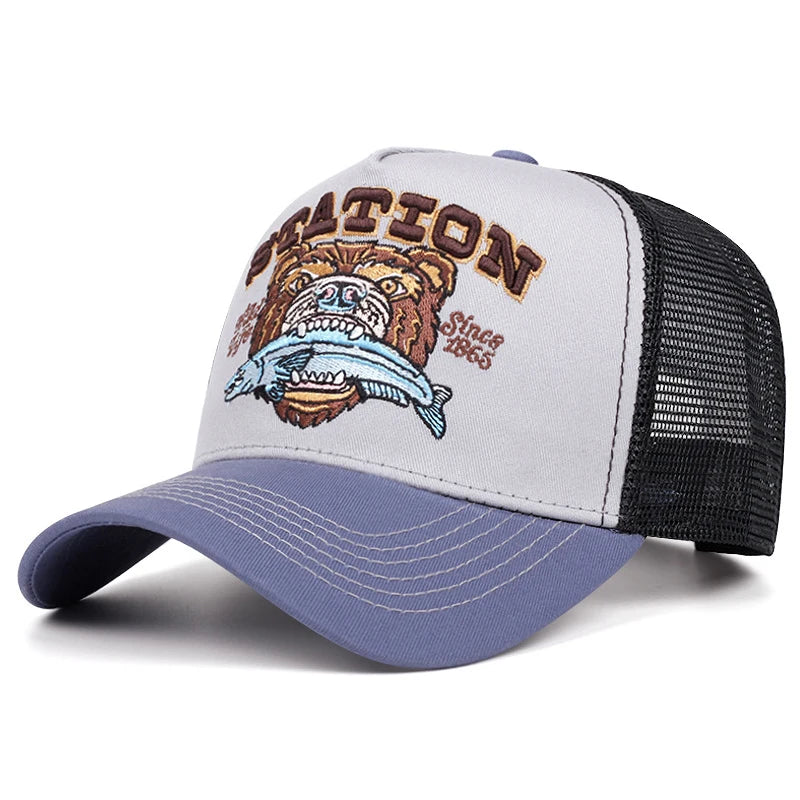 2025 New Bear Eating Fish Street Dance Hip Hop Hat Truck Hat Outdoor Skateboarding Hat Sunshade Baseball Hat Breathable Mesh Hat