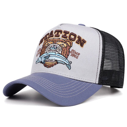 2025 New Bear Eating Fish Street Dance Hip Hop Hat Truck Hat Outdoor Skateboarding Hat Sunshade Baseball Hat Breathable Mesh Hat