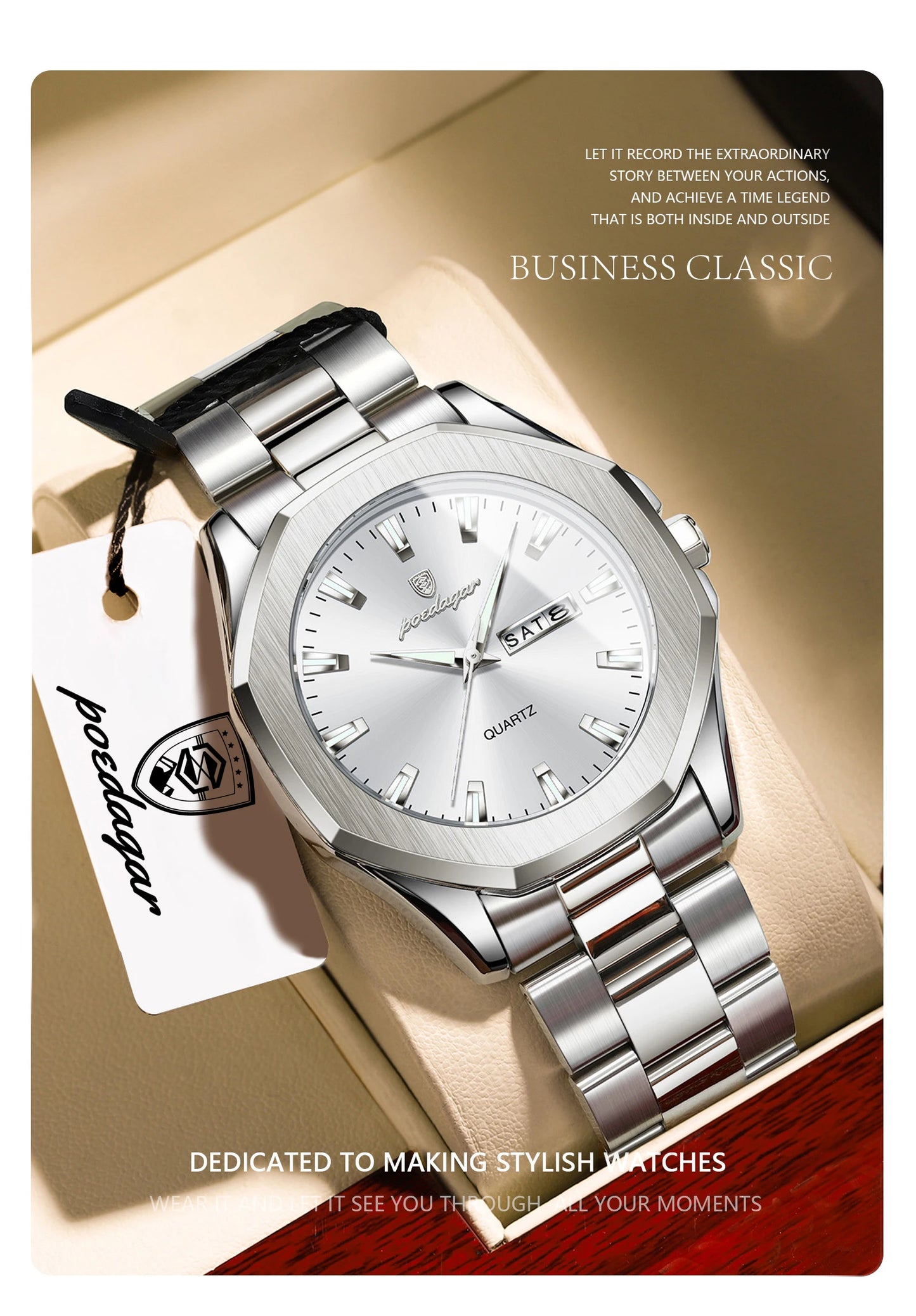 POEDAGAR Luxury Men Wristwatch Waterproof Luminous Week Date Casual Man Clock Stainless Steel Quartz Fashion Men's Watches Reloj