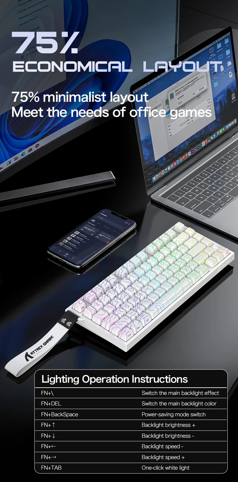 ATTACK SHARK R82 HE 8000Hz Magnetic Switch Keyboard 75% 0.005mm Rapid Trigger Low Latency RGB Hall Effect Wired Gaming Keyboard
