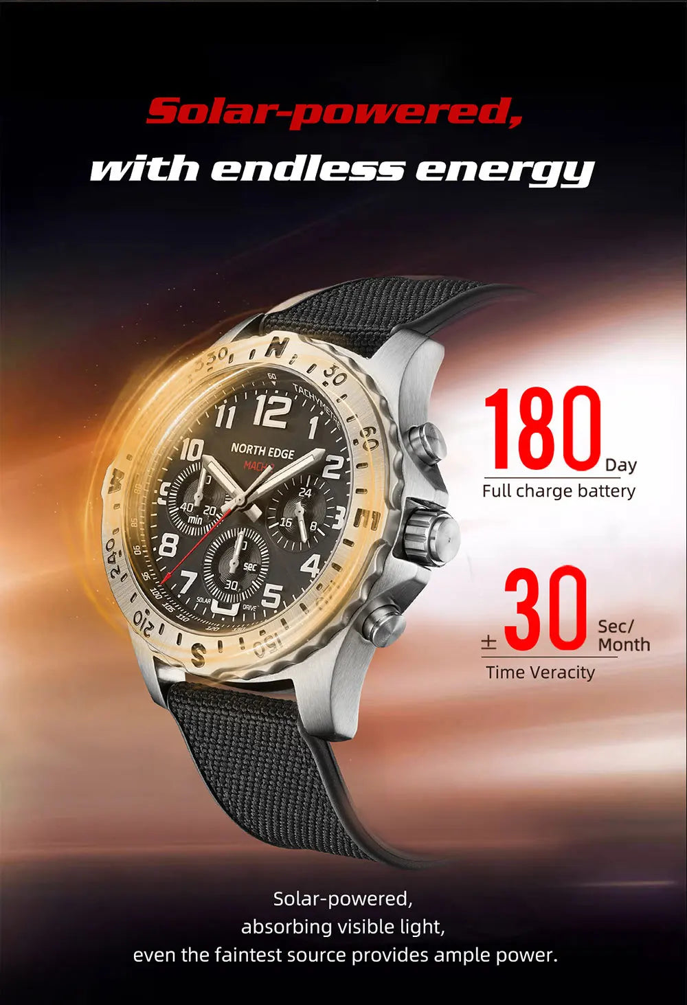 NORTH EDGE Men's Watches Solar Power 316 Stainless Steel Case Quartz Watch for Men Pilot Waterproof 50M Stopwatch