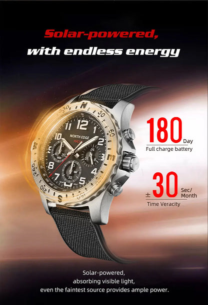 NORTH EDGE Men's Watches Solar Power 316 Stainless Steel Case Quartz Watch for Men Pilot Waterproof 50M Stopwatch