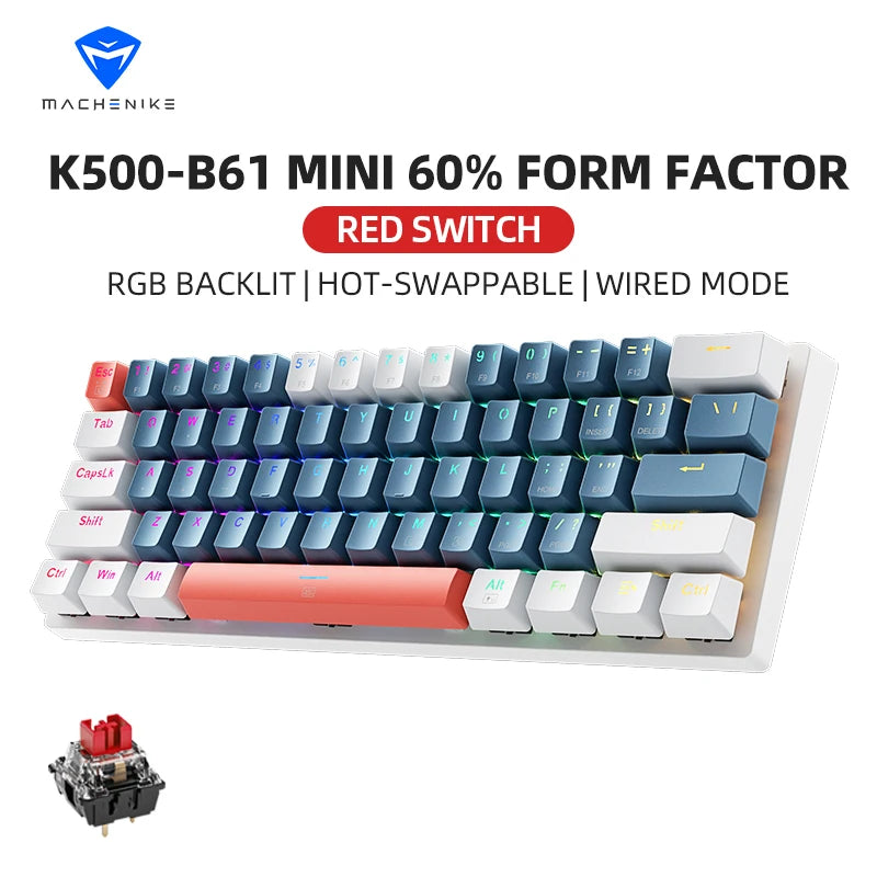 K500-B61 Machenike Mini teclado mecánico, formato 60%, 61 teclas, teclado gaming con cable, teclas totalmente hot-swappable y retroiluminación RGB