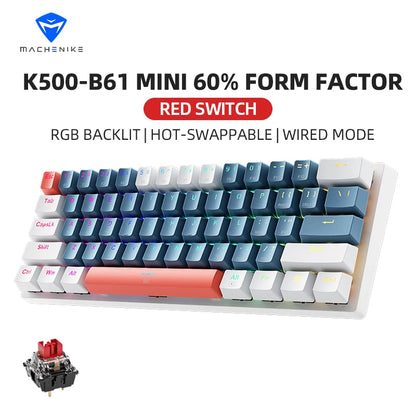 K500-B61 Machenike Mini teclado mecánico, formato 60%, 61 teclas, teclado gaming con cable, teclas totalmente hot-swappable y retroiluminación RGB