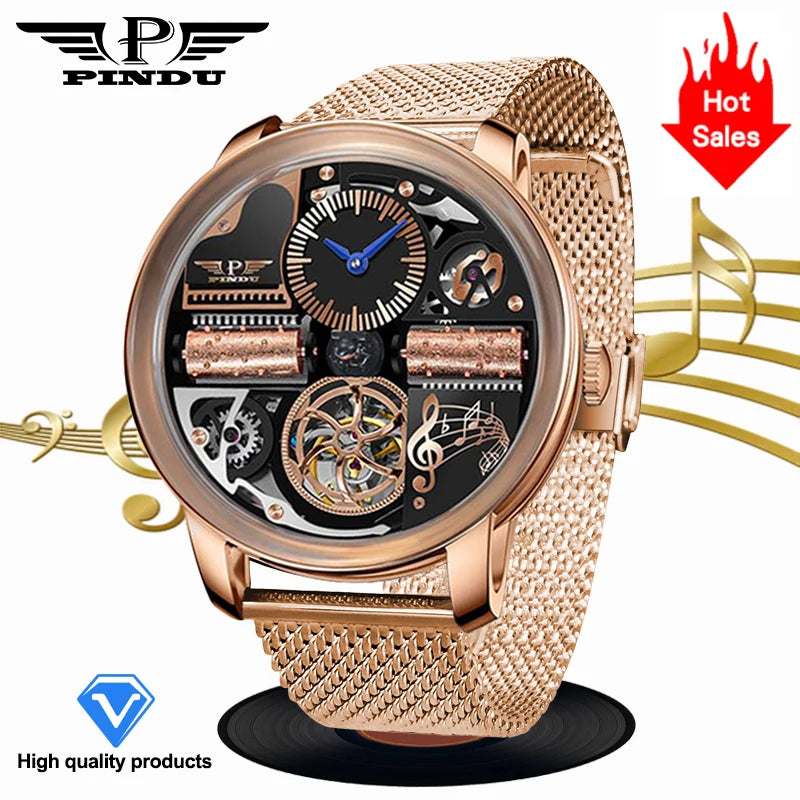 Relógio Automático de Luxo para Homem PINDU Design Music Series 2025 Novo, Movimento Mecânico, Aço Inoxidável, Vidro de Safira, Esqueleto
