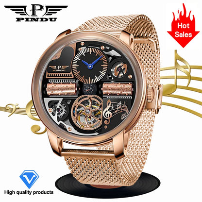 Relógio Automático de Luxo para Homem PINDU Design Music Series 2025 Novo, Movimento Mecânico, Aço Inoxidável, Vidro de Safira, Esqueleto