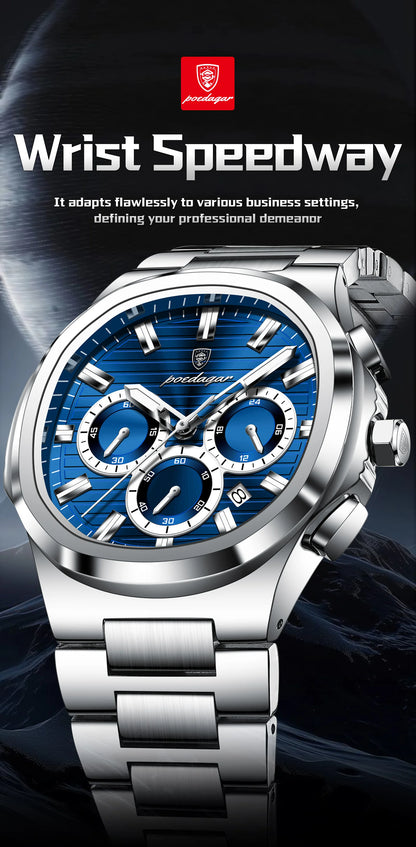 POEDAGAR Men’s Luxury Stainless Steel Quartz Watch  Waterproof Chronograph with Luminous Dial & Date
