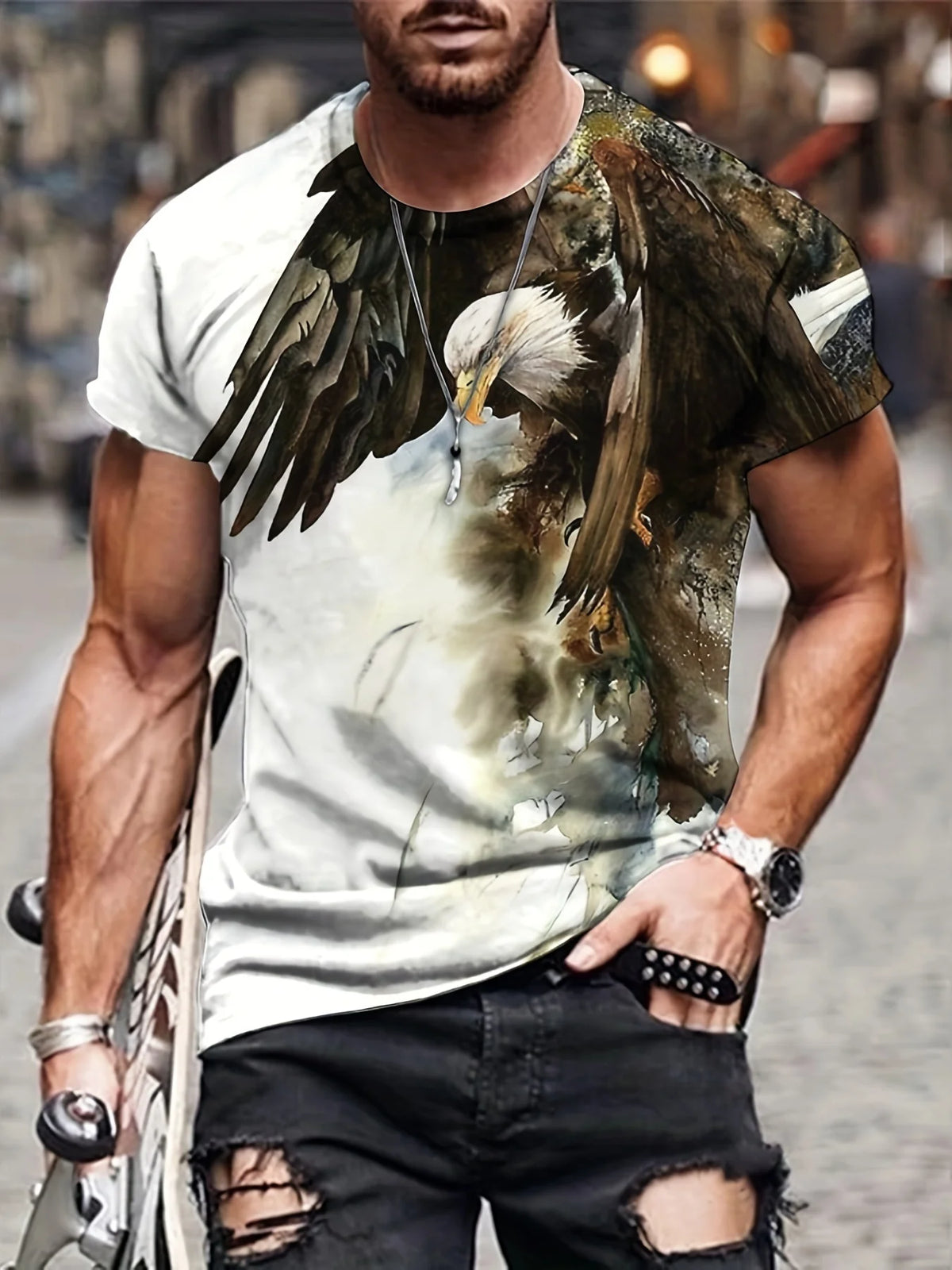 Modne majice z grafiko Eagle Luksuzne majice Poletne moške majice Sproščene majice Majice s kratkimi rokavi 3D-tiskanje Moška oblačila