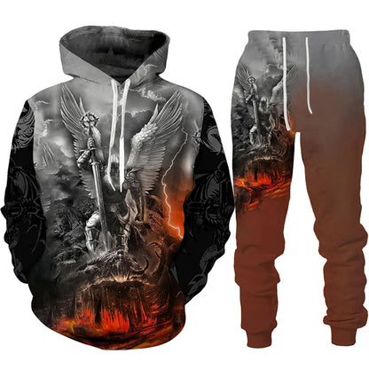 Dres z nadrukiem 3D Retro Dragon Tattoo dla mężczyzn i kobiet, casualowy zestaw z bluzą z kapturem + spodnie, 2 części, oversize, modna odzież męska