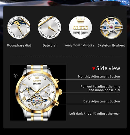 OLEVS Men's Watches - Moon Phase Hollow Flywheel Exclusive Original Automatic Mechanical Watches For Men Luxury Man Watch New 7029
