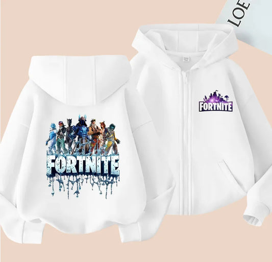 Nuovo cappotto con cappuccio Fortnite per bambini, hoodie con zip e stampa di personaggi cartoon del gioco, giacca autunnale e invernale per ragazzi