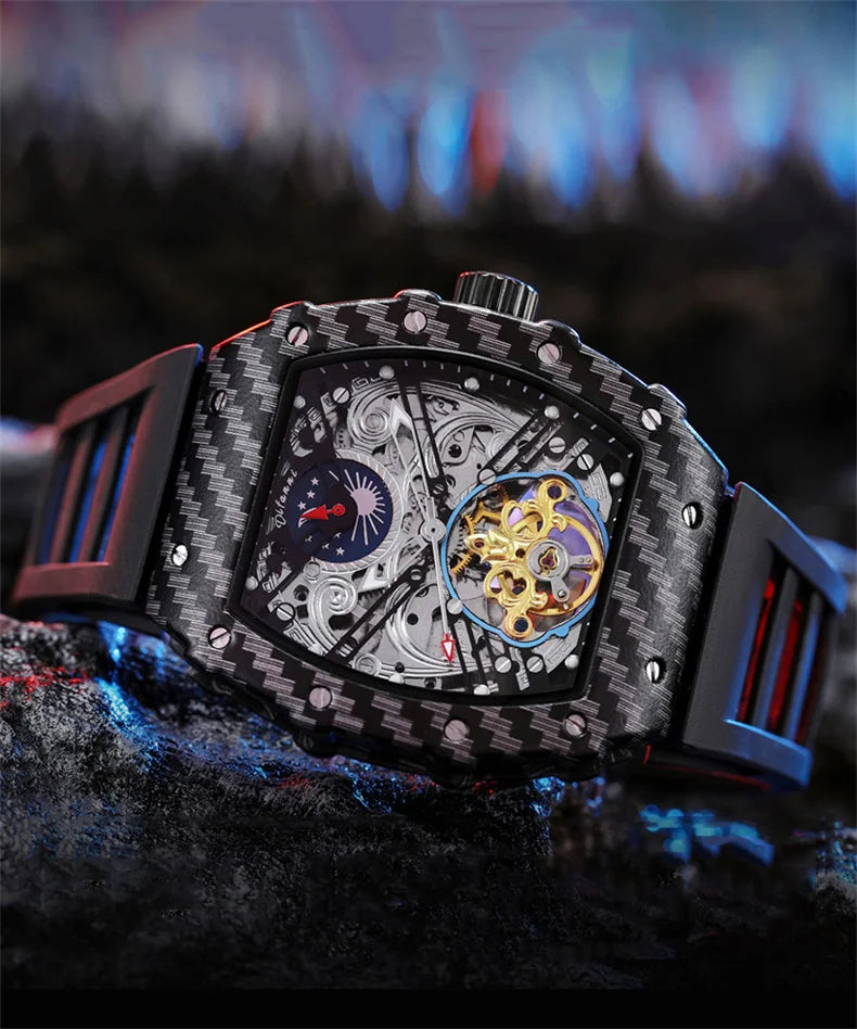 Tourbillion Mechanical Watch for Men Silicone Strap Skeleton Tonneau Automatic Mens Watches Top Brand Luxury Reloj Hombre