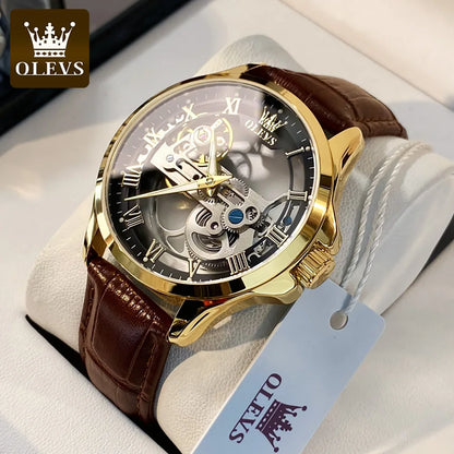 Relógio mecânico automático para homem OLEVS 6661 – Modelo esqueleto totalmente transparente com volante visível, bracelete em pele, relógio de luxo original para homem