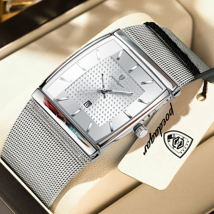 POEDAGAR Men’s Luxury Rectangle Quartz Watch Stainless Steel Mesh Strap, Luminous Dial & Date