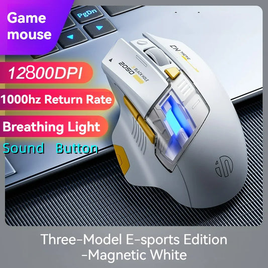 Inphic A9 pro Drei-Modi-Gaming-Maus mit farbenfroher Lichtleiter-Säule, Power-Anzeige, einstellbarer DPI, Makro-Treiber, ergonomisch, 12800DPI