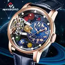 ase Autoy HANBORO Men’s Luxury Automatic Skeleton Watch  Rose Gold Starry Sky Moon Phase Mechanical WristwatchHollow Flywheel Moon Phxury Space Theme Sports Watch 980