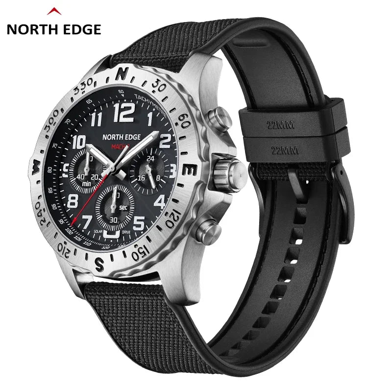 NORTH EDGE Men's Watches Solar Power 316 Stainless Steel Case Quartz Watch for Men Pilot Waterproof 50M Stopwatch