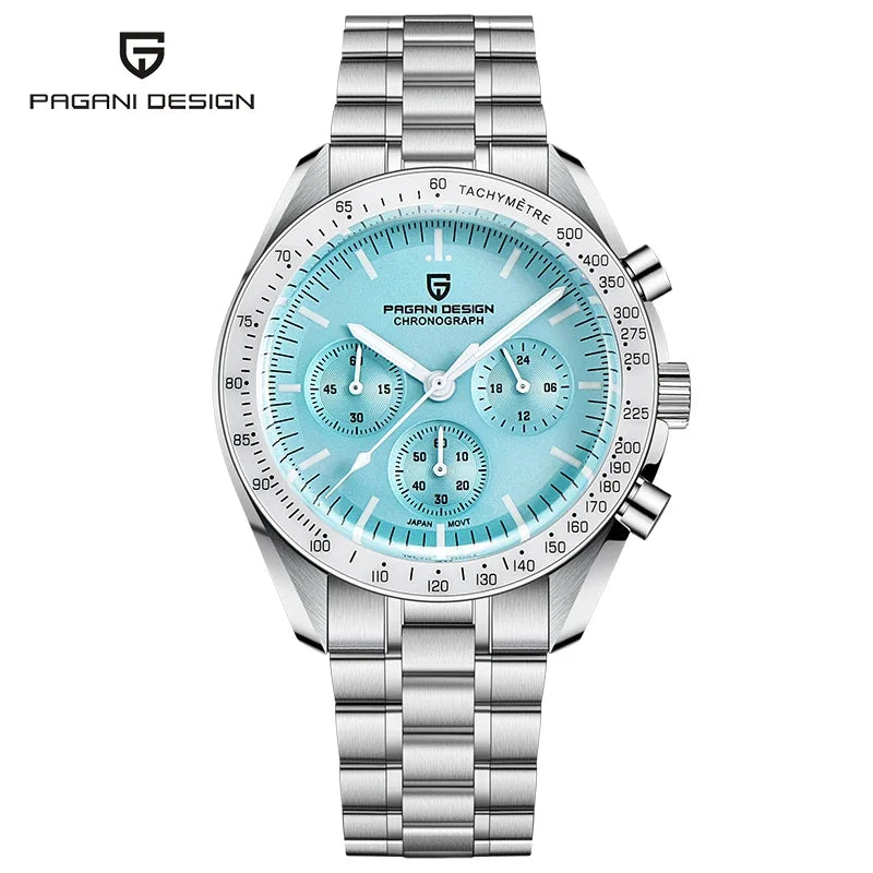 Zegarek męski PAGANI DESIGN „New Moon” – luksusowy zegarek kwarcowy, chronograf, szkło szafirowe z powłoką antyrefleksyjną, ceramiczna ramka, świecące wskazówki