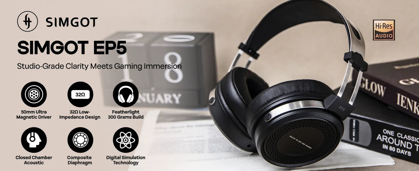 SIMGOT EP5 Auriculares con cable de alto rendimiento con transductor dinámico de 50mm – Headset gaming HiFi, baja impedancia, alta sensibilidad, sonido envolvente 7.1