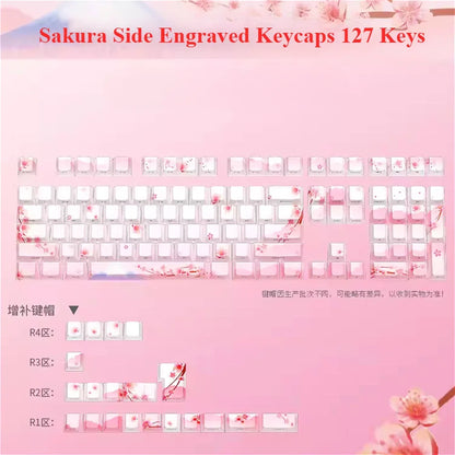 Conjunto de Keycaps Sakura Pink com Gravação Lateral em PBT Translúcido, 127 Teclas para Teclados Mecânicos MX Switch 60/84/90/104/108