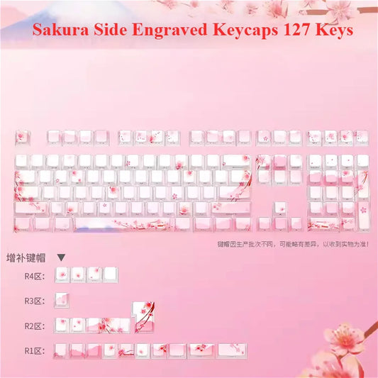 Set di keycap Sakura Pink con incisione laterale, PBT traslucido, 127 tasti, per switch MX e tastiere meccaniche 60/84/90/104/108