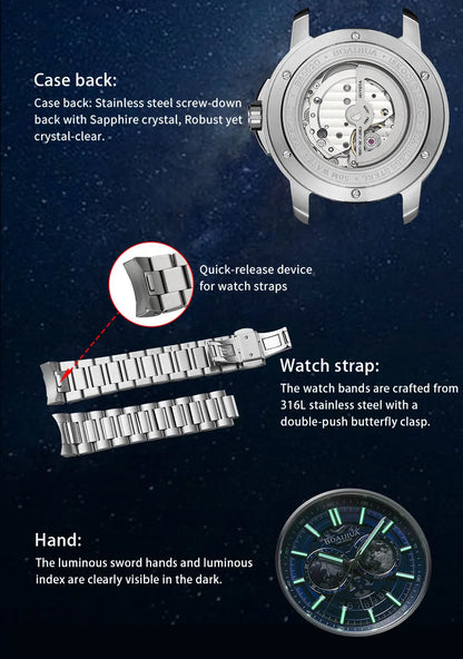 BORIAGE (BOAIJIUA) Automatic Mechanical Watch Creative Starry Sky Watch Water Resistant Mechanical Watches Birthday Gift for Men
