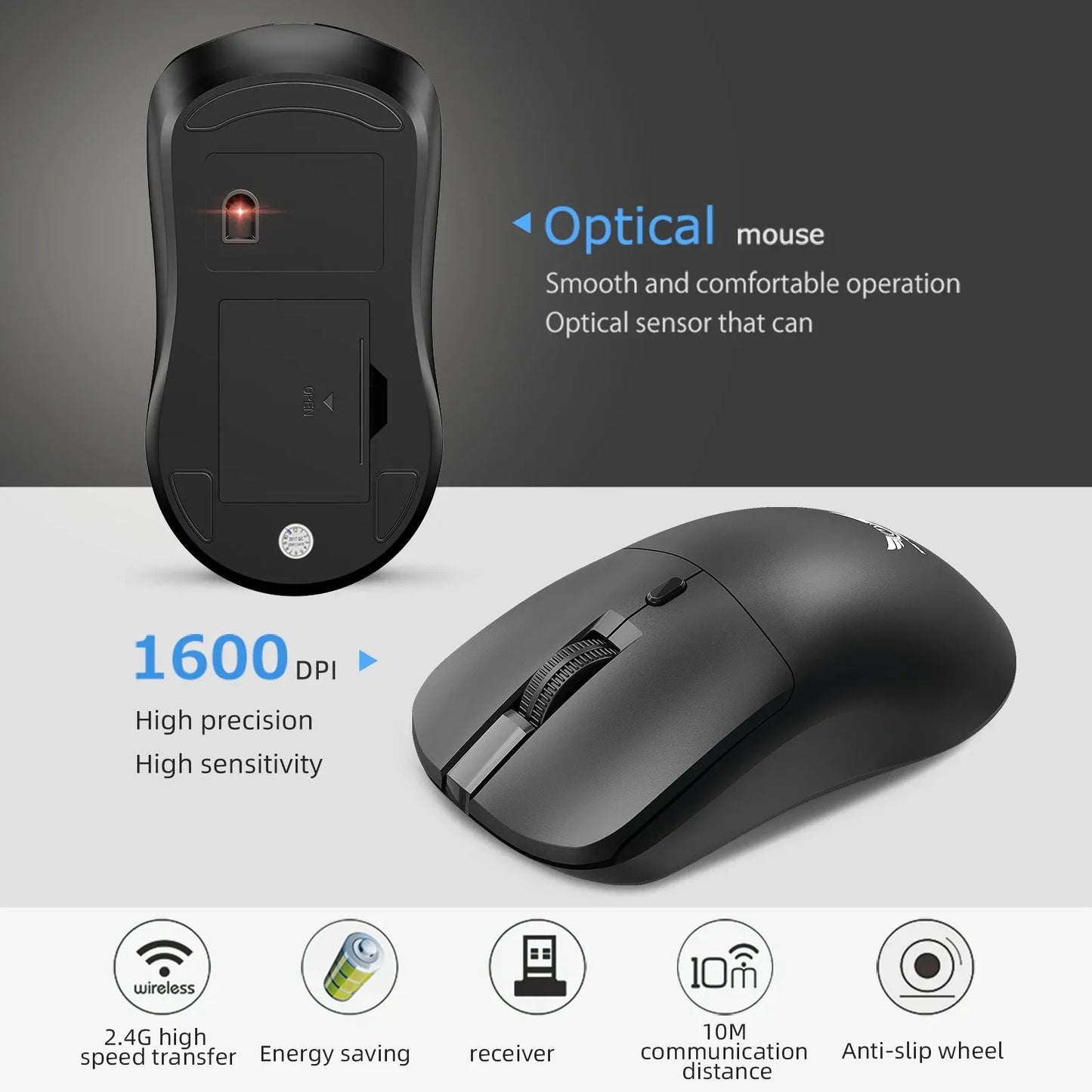 Wireless Mouse 2.4G Ergonomic Gaming Mouse Mouse Rechargeable 800/1200/1600DPI Mice for E-Sports Office Desktop Computers Laptop