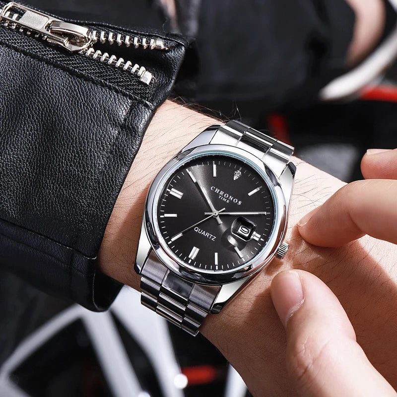 Ανδρικό ρολόι χειρός CHRONOS – Πολυτελής μάρκα, αδιάβροχο, με φωτισμό, με ένδειξη ημερομηνίας, από ανοξείδωτο ατσάλι, με μηχανισμό χαλαζία.
