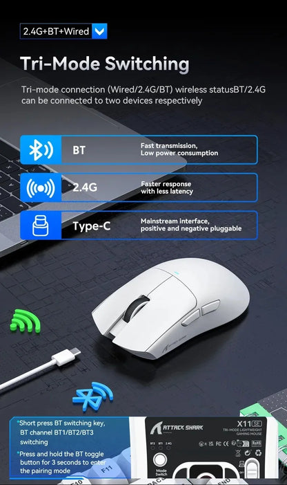 ATTACK SHARK X11SE ultraleichte kabellose Gaming-Maus, 20Millionen Klicks Lebensdauer, PAW3311 Gaming, 22KDPI, 400IPS, 40G, 1KHz, 65 Stunden, 30mAH