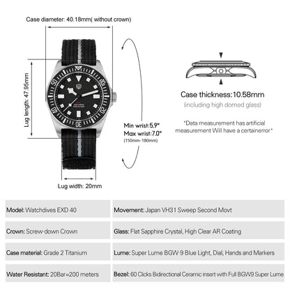 Watchdives EXD 40Mm Titanium Dive Watch Men's VH31 Sweep Quartz Watches 200 Waterproof AR Sapphire BGW9 Luminous 316L Wristwatch