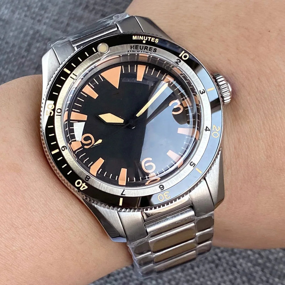 Tandorio NH35A PT5000 Mechanical Mens Watch 20BAR Waterproof Sapphire Luminous Red Black Dial Stainless Steel Bracelet New Clock