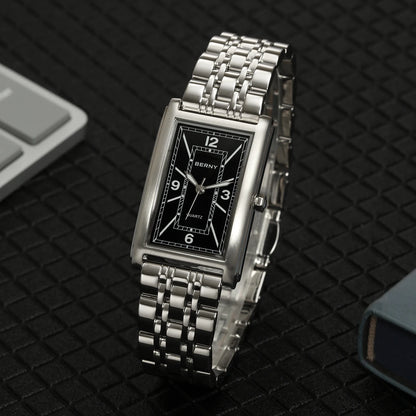 Montre carrée pour homme BERNY – Mouvement à quartz, cadran à chiffres romains, affichage luminescent, boîtier en acier inoxydable 316L – Montre rectangulaire élégante et décontractée
