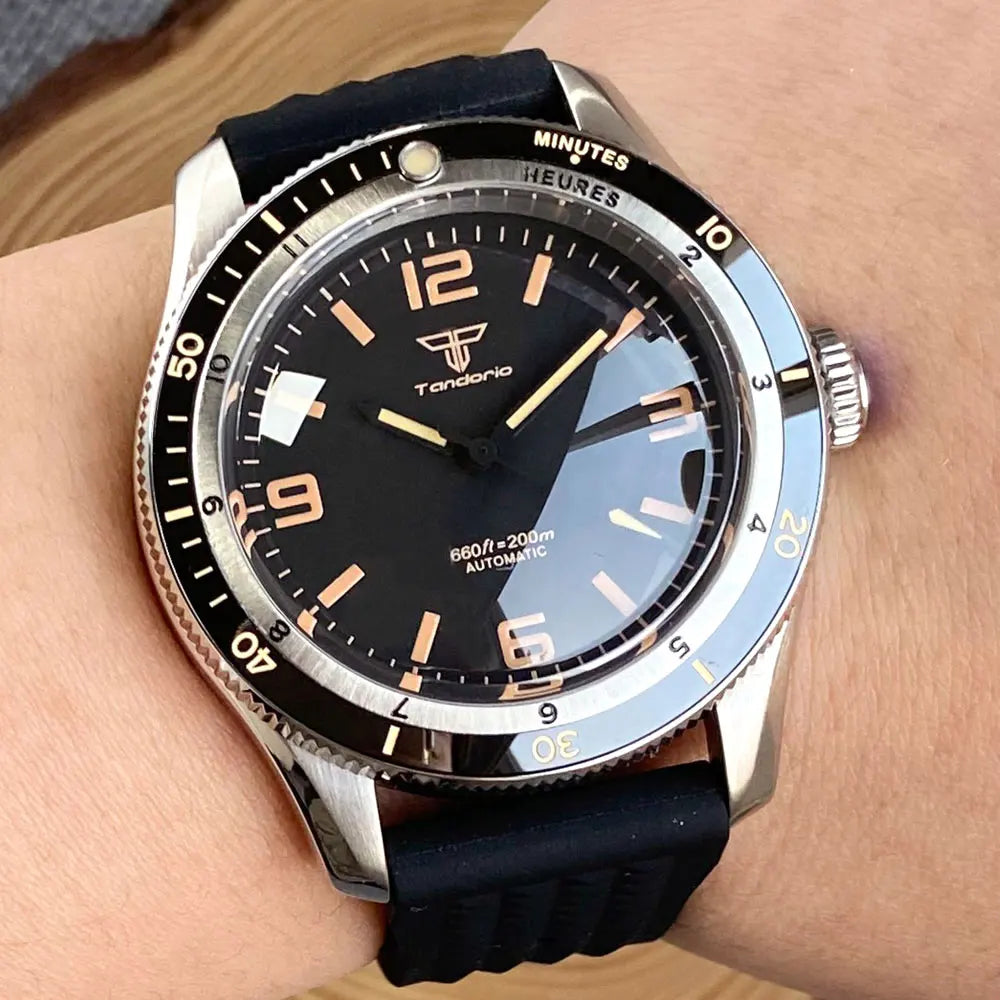 Tandorio NH35A PT5000 Mechanical Mens Watch 20BAR Waterproof Sapphire Luminous Red Black Dial Stainless Steel Bracelet New Clock