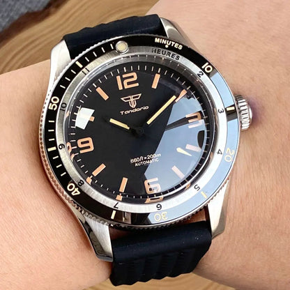 Tandorio NH35A PT5000 Mechanical Mens Watch 20BAR Waterproof Sapphire Luminous Red Black Dial Stainless Steel Bracelet New Clock
