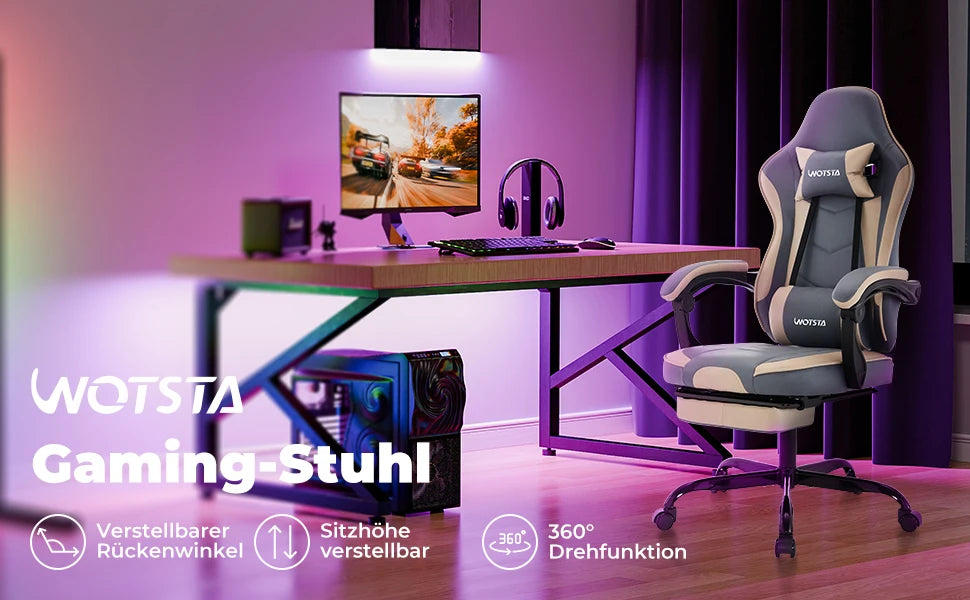 Sedia da gaming WOTSTA con poggiapiedi, sedia gamer ergonomica con cuscino lombare e poggiatesta, sedia per computer regolabile in altezza